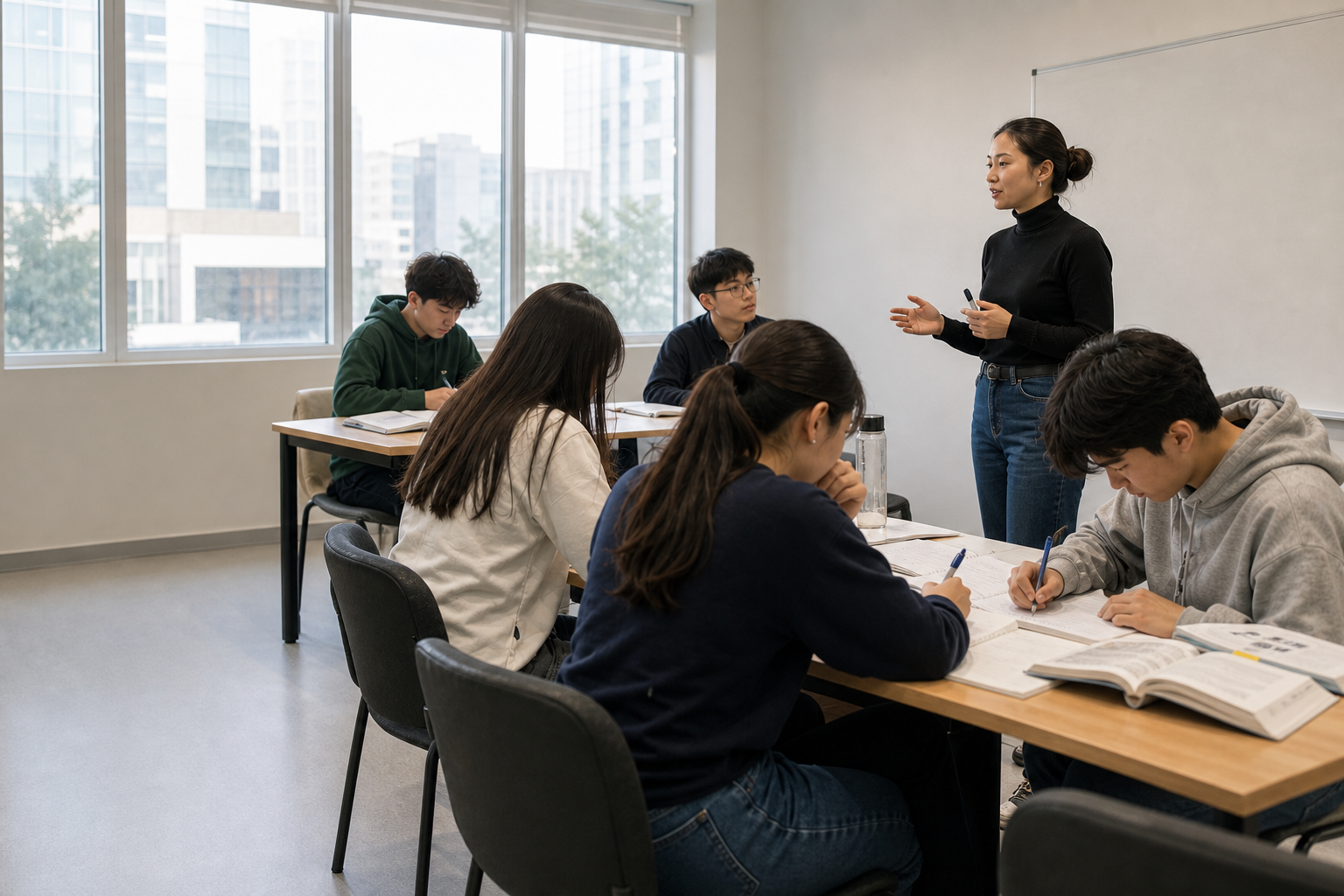 Преподаватель ведёт занятие английского в группе